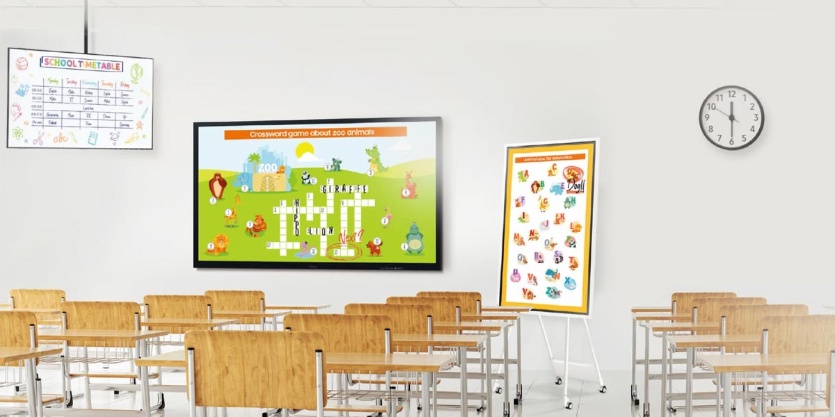 Un’aula di scuola che ospita 3 lavagne multimediali interattive con diversi formati di display
